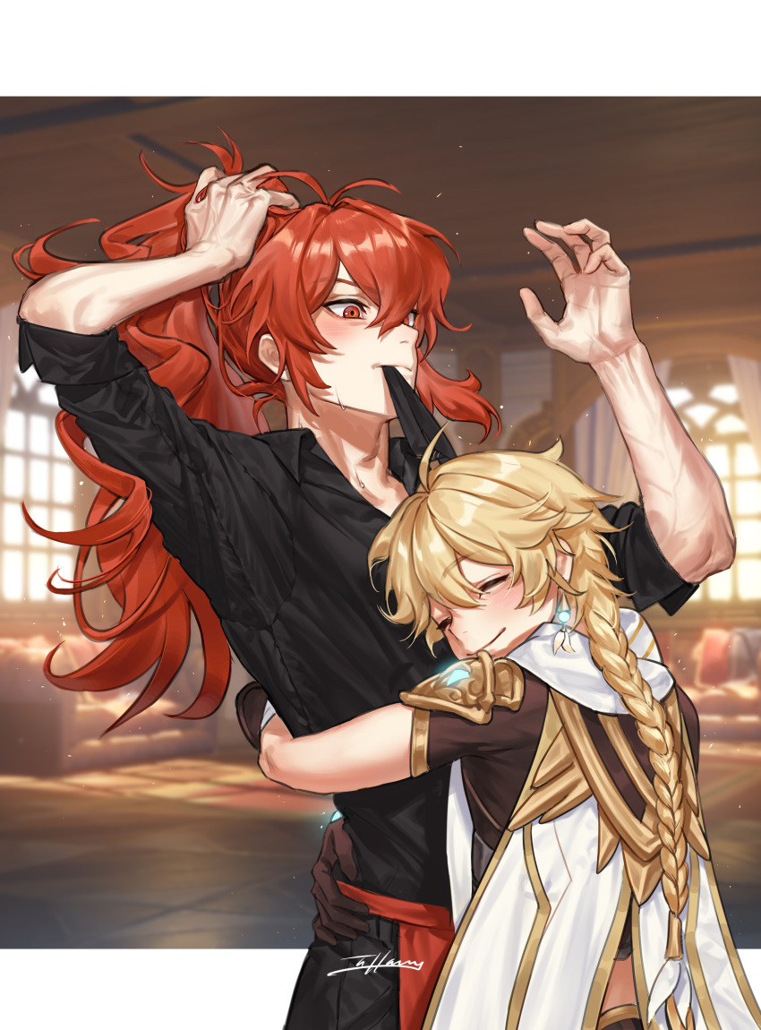 2boys absurdres aether_(genshin_impact) ahoge arms_around_waist bangs black_shirt blonde_hair blurry blurry_background blush braid braided_ponytail closed_eyes closed_mouth collared_shirt couch crop_top diluc_ragnvindr earrings english_commentary eyebrows_visible_through_hair feather_earrings feathers genshin_impact gloves glowing hair_between_eyes highres holding holding_hair hug indoors jewelry long_hair long_sleeves male_focus multiple_boys ponytail red_eyes redhead scarf shirt signature single_earring sleeves_rolled_up smile sweat symbol_commentary tfny veins window