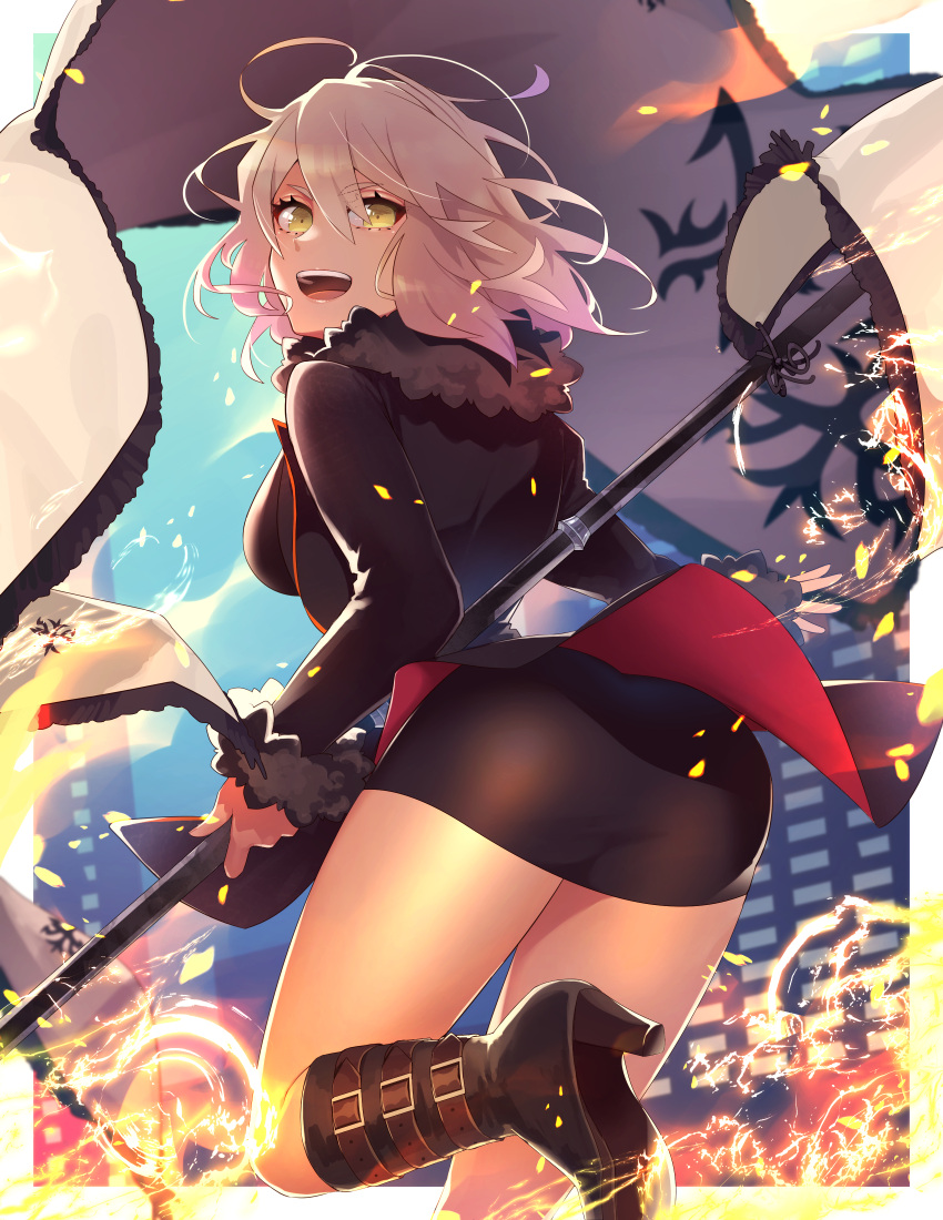 1girl absurdres ahoge ass bangs bare_legs black_jacket boots fate/grand_order fate_(series) fire flag hair_between_eyes highres holding holding_flag holding_weapon jacket jeanne_d'arc_(alter)_(fate) jeanne_d'arc_(fate)_(all) looking_at_viewer looking_back short_hair shorts silver_hair solo tia_(cocorosso) weapon wicked_dragon_witch_ver._shinjuku_1999 yellow_eyes