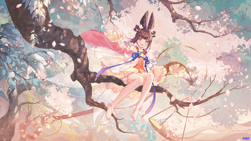 1girl :d artist_name atdan bangs bare_legs barefoot blush brown_hair commentary copyright_request dress eyebrows_visible_through_hair full_body hair_ears hair_rings highres long_hair long_sleeves looking_at_viewer open_mouth petals sitting smile solo symbol_commentary tree_branch wide_sleeves yellow_dress