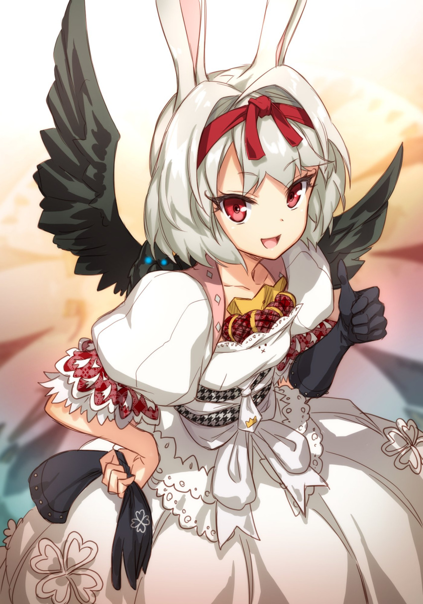 1girl :d animal_ears bangs black_gloves black_wings blurry collarbone depth_of_field dress eyebrows_visible_through_hair feathered_wings frills gloves hairband highres holding looking_at_viewer open_mouth plus_(virtuareal) puffy_short_sleeves puffy_sleeves rabbit_ears red_eyes short_hair short_sleeves smile solo tauyuki_saema virtuareal white_dress white_hair wings