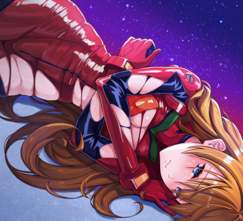 1girl absurdres blush bodysuit breasts highres interface_headset long_hair lying neon_genesis_evangelion on_side orange_hair pilot_suit plugsuit red_bodysuit shinno small_breasts solo souryuu_asuka_langley torn_bodysuit torn_clothes two_side_up