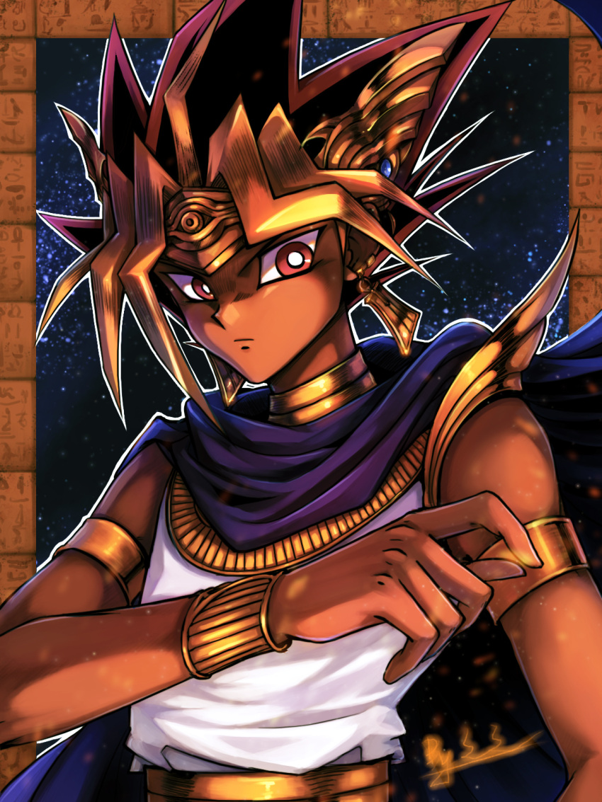 1boy armlet atem black_hair blonde_hair blue_cape brown_eyes cape closed_mouth commentary_request dark_skin dark_skinned_male earrings highres jewelry looking_at_viewer male_focus multicolored_hair purple_hair shine_cheese shirt short_hair sleeveless sleeveless_shirt solo spiky_hair upper_body white_shirt yu-gi-oh! yu-gi-oh!_duel_monsters