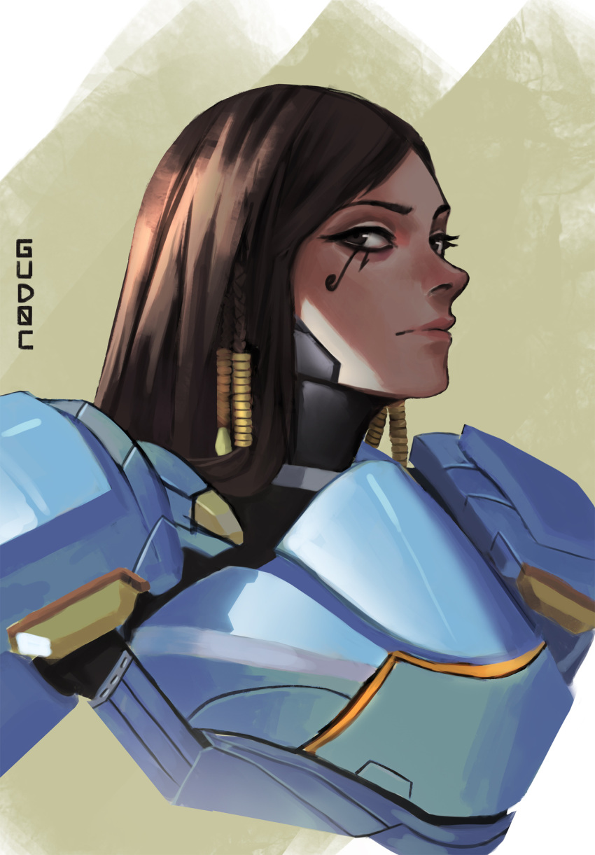 1girl brown_eyes brown_hair brown_lips dark_skin dark-skinned_female eye_of_horus eyeliner facial_tattoo gud0c hair_tubes highres makeup nose overwatch parted_hair pharah_(overwatch) portrait power_armor solo straight_hair tattoo