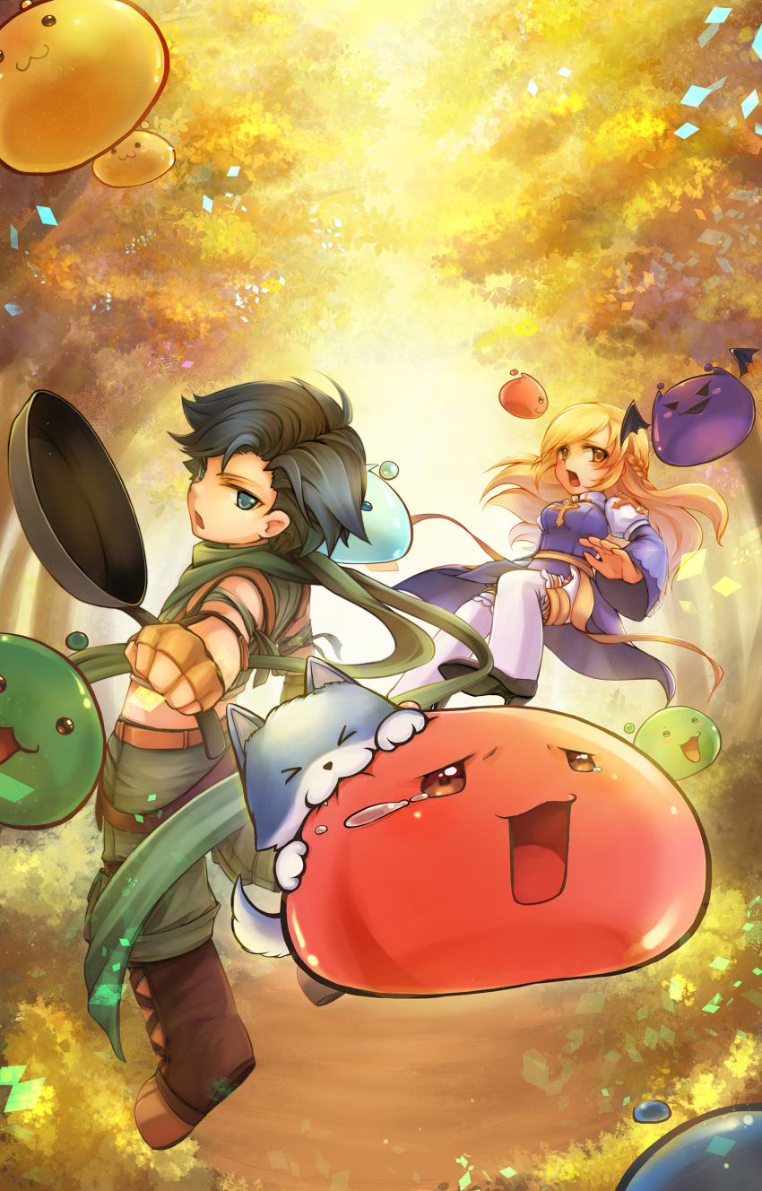 1boy 1girl :3 absurdres archbishop_(ragnarok_online) autumn bangs belt biting black_footwear black_hair blonde_hair blue_dress blush braid breasts brown_belt brown_eyes brown_gloves cat closed_mouth commentary_request crop_top day demon_wings deviling dress drops_(ragnarok_online) fingerless_gloves forest french_braid frilled_sleeves frills frying_pan full_body gloves green_eyes green_scarf green_shirt green_shorts highres holding holding_frying_pan juliet_sleeves long_hair long_sleeves looking_at_viewer marin_(ragnarok_online) medium_breasts nature official_art open_mouth outdoors pants_under_shorts poporing poring puffy_sleeves ragnarok_online ranger_(ragnarok_online) sash scarf shine_cheese shirt short_hair shorts sleeveless sleeveless_shirt slime_(creature) thigh-highs tree white_legwear wings yellow_sash