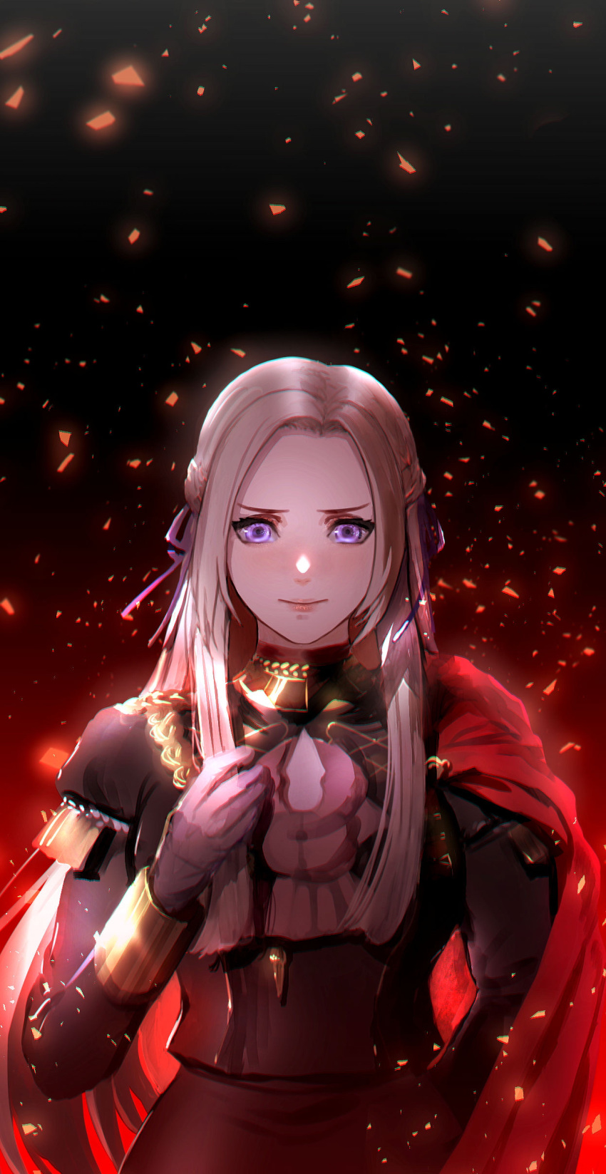 1girl absurdres cape closed_mouth edelgard_von_hresvelg fire_emblem fire_emblem:_three_houses flower garreg_mach_monastery_uniform gloves hair_ornament hair_ribbon highres long_hair long_sleeves looking_at_viewer red_cape ribbon ruo_candyyyy simple_background smile solo uniform violet_eyes white_hair