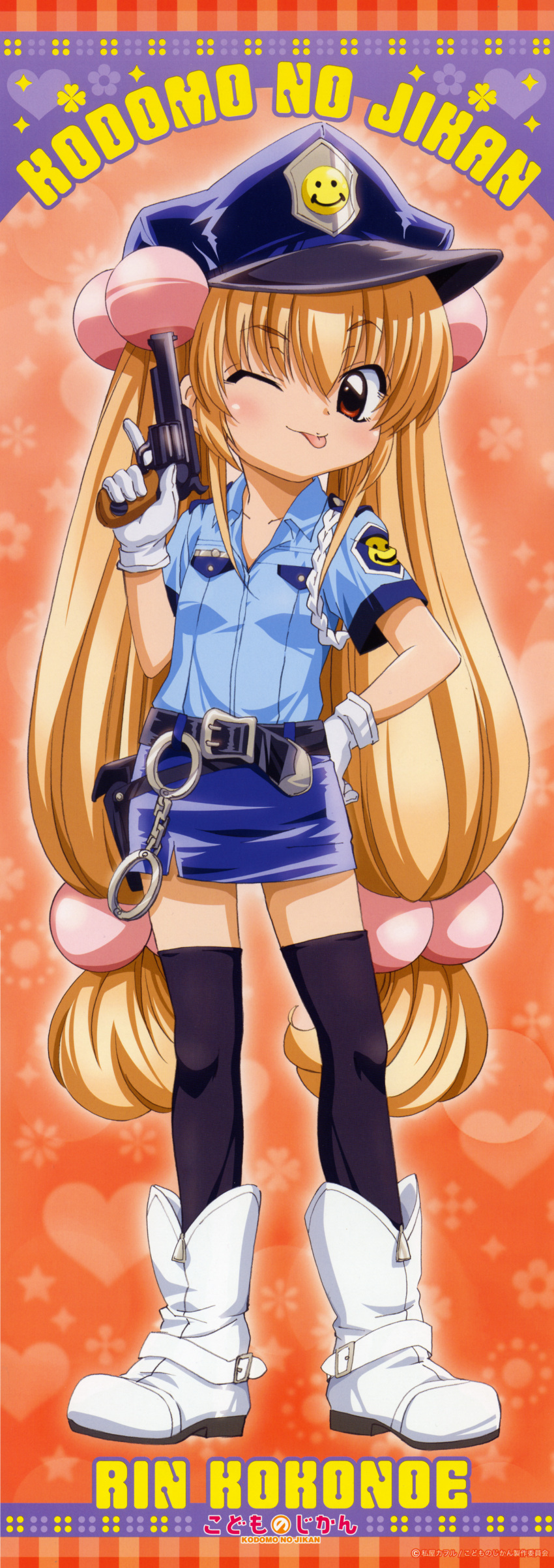 1girl ;p absurdres character_name copyright_name gun hair_bobbles hair_ornament highres huge_filesize kodomo_no_jikan kokonoe_rin long_hair long_image official_art one_eye_closed police police_uniform poster_(medium) scan solo stick_poster thigh-highs tongue tongue_out uniform very_long_hair weapon