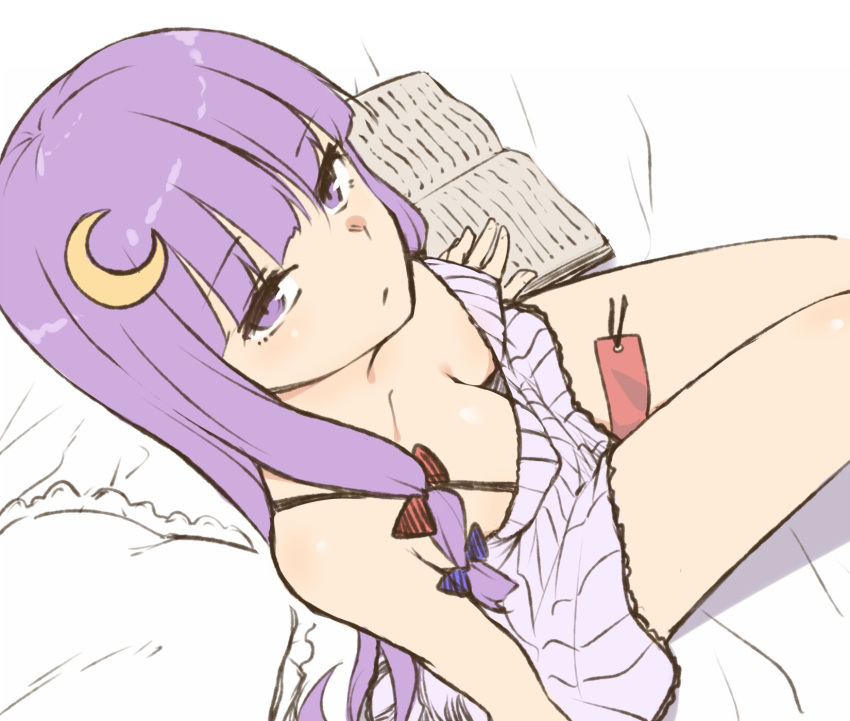 1girl bangs bare_arms bare_shoulders between_thighs book bookmark breasts commentary crescent crescent_hair_ornament dress eyebrows_visible_through_hair frilled_pillow frills from_above hair_ornament highres long_hair looking_at_viewer medium_breasts miyo_(ranthath) open_book partially_colored patchouli_knowledge pillow purple_hair sitting sleeveless sleeveless_dress solo spaghetti_strap touhou very_long_hair violet_eyes white_dress