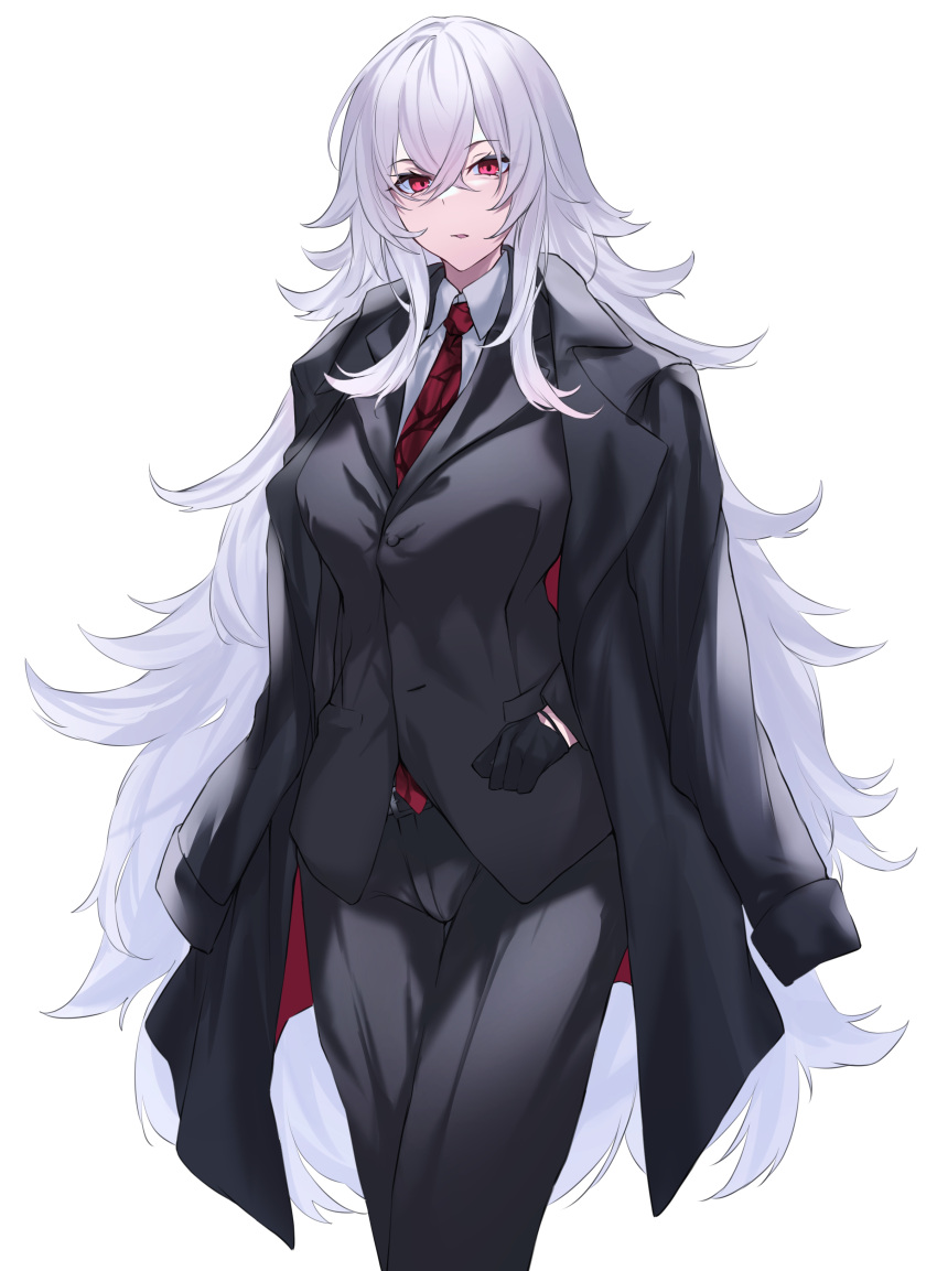 1girl absurdres azur_lane bangs black_gloves business_suit eyebrows_visible_through_hair formal gloves graf_zeppelin_(azur_lane) hair_between_eyes highres jacket jacket_on_shoulders long_bangs long_hair messy_hair necktie red_eyes red_neckwear silver_hair simple_background slacks solo solo_focus suit upper_body very_long_hair white_background yuki_maccha_(yukimattya10)