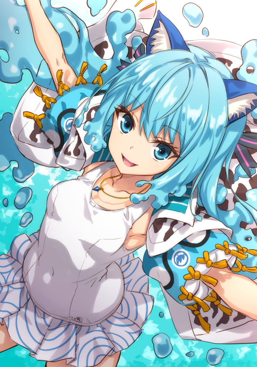1girl :d animal_ears armpits bangs blue_eyes blue_hair breasts casual_one-piece_swimsuit cat_ears collarbone covered_navel eyebrows_visible_through_hair hair_between_eyes highres inflatable_armbands jewelry looking_at_viewer necklace nyatsuki_(virtuareal) one-piece_swimsuit open_mouth outstretched_arms pendant short_hair small_breasts smile solo swimsuit tauyuki_saema virtuareal water water_drop