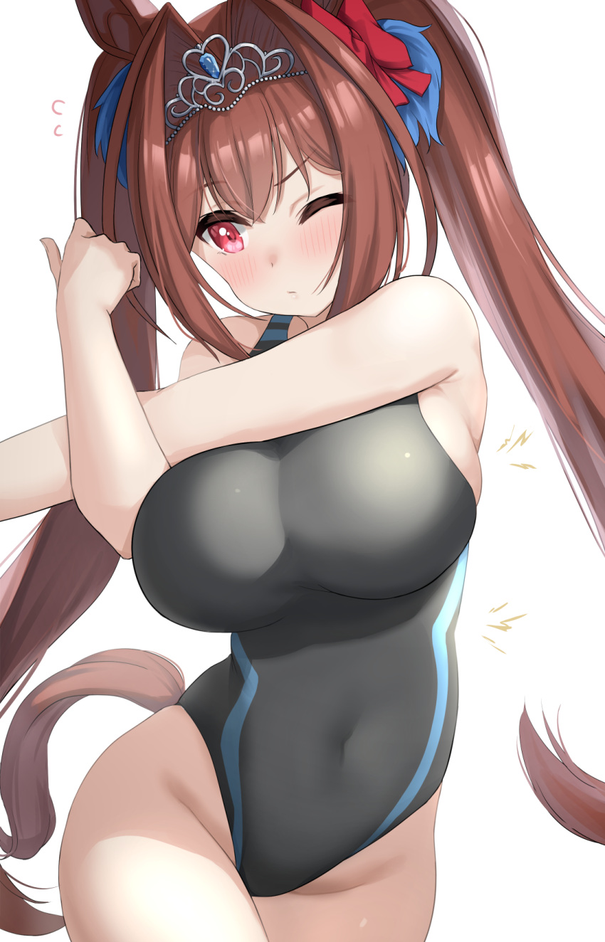 1girl animal_ears black_swimsuit bow breasts commentary_request competition_swimsuit covered_navel daiwa_scarlet_(umamusume) eyebrows_visible_through_hair hair_bow highres horse_ears horse_girl horse_tail kibihimi large_breasts long_hair one-piece_swimsuit one_eye_closed red_bow red_eyes redhead simple_background solo swimsuit tail thighs tiara twintails umamusume white_background