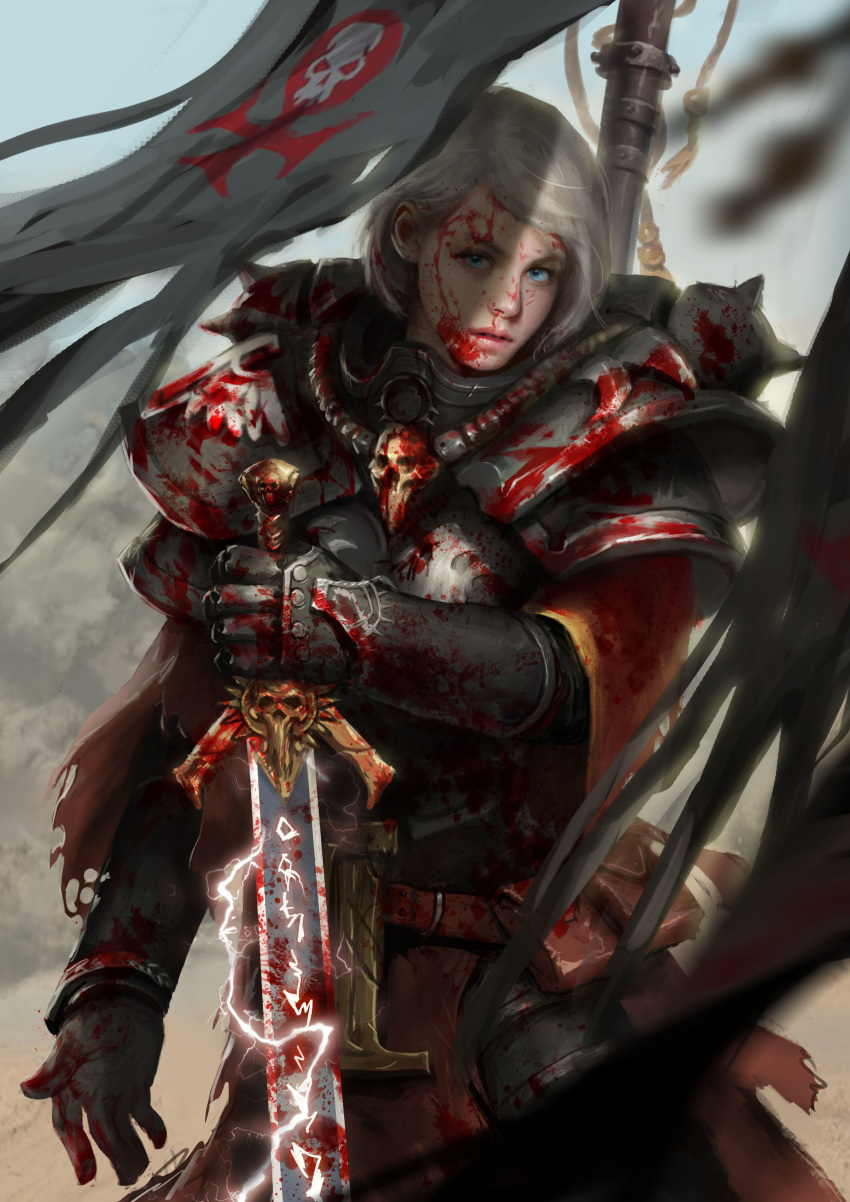 1girl absurdres adepta_sororitas after_battle banner belt_pouch blood blood_splatter blue_eyes electricity highres holding holding_sword holding_weapon imperium_of_man looking_at_viewer nose parted_lips pelvic_curtain pink_lips pouch power_armor realistic reverse_grip silver_hair solo sword warhammer_40k weapon yangzheyy