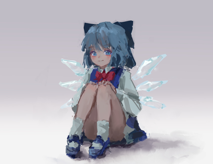 blouse blue_dress blue_eyes blue_footwear blue_hair blue_ribbon bow cirno dress dress_shirt fairy_wings hair_bow highres ice ice_wings mary_janes pinafore_dress puffy_short_sleeves puffy_sleeves red_bow red_ribbon reddizen ribbon shirt shoes short_hair short_sleeves socks touhou white_blouse white_shirt wing_collar wings