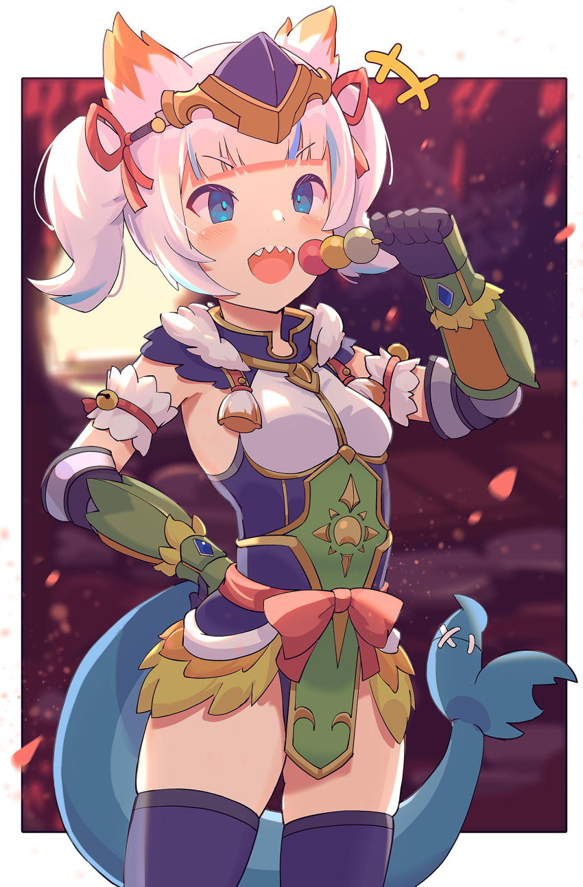 1girl alternate_costume bangs blue_eyes blue_hair blunt_bangs blush dango eyebrows_visible_through_hair food gawr_gura hair_between_eyes hair_ornament highres hololive hololive_english japanese_clothes jewelry long_hair looking_at_viewer medium_hair meow_head monster_hunter_(series) monster_hunter_rise multicolored_hair open_mouth sharp_teeth silver_hair simple_background smile solo streaked_hair tail teeth twintails two_side_up virtual_youtuber wagashi