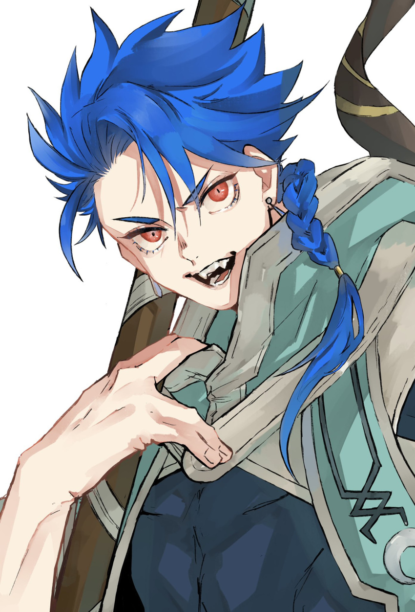 1boy asymmetrical_bangs asymmetrical_clothes bangs blue_hair braid braided_ponytail child cu_chulainn_(fate)_(all) don_(sjag3855) earrings fangs fate/grand_order fate/grand_order_arcade fate_(series) grin high_collar highres hood hood_down jewelry long_hair looking_at_viewer male_focus open_mouth ponytail red_eyes setanta_(fate) simple_background skin_tight smile solo spiky_hair staff white_background