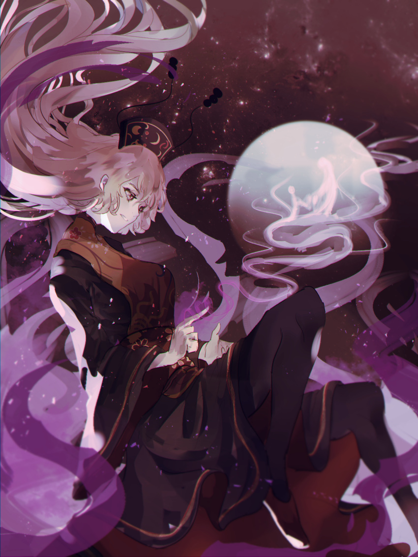 1girl bangs black_dress blonde_hair chinese_clothes crescent crescent_hat_ornament dress flower flower_(symbol) full_moon hair_between_eyes hat hat_ornament highres junko_(touhou) long_hair long_sleeves moon naufaldreamer purple_background red_flower red_footwear shoes touhou yellow_eyes