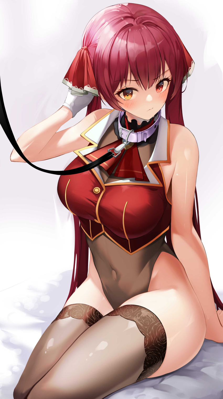 1girl absurdres arm_up bangs bare_arms bare_shoulders blush breasts brown_legwear brown_leotard closed_eyes closed_mouth collar commentary covered_navel cropped_vest eyebrows_visible_through_hair gloves hand_in_hair highres hololive houshou_marine large_breasts leash leotard leotard_under_clothes long_hair looking_at_viewer nevin_(flyskying) no_eyepatch no_hat no_headwear red_eyes red_vest redhead sitting solo symbol_commentary thigh-highs twintails v-shaped_eyebrows very_long_hair vest virtual_youtuber white_gloves yellow_eyes