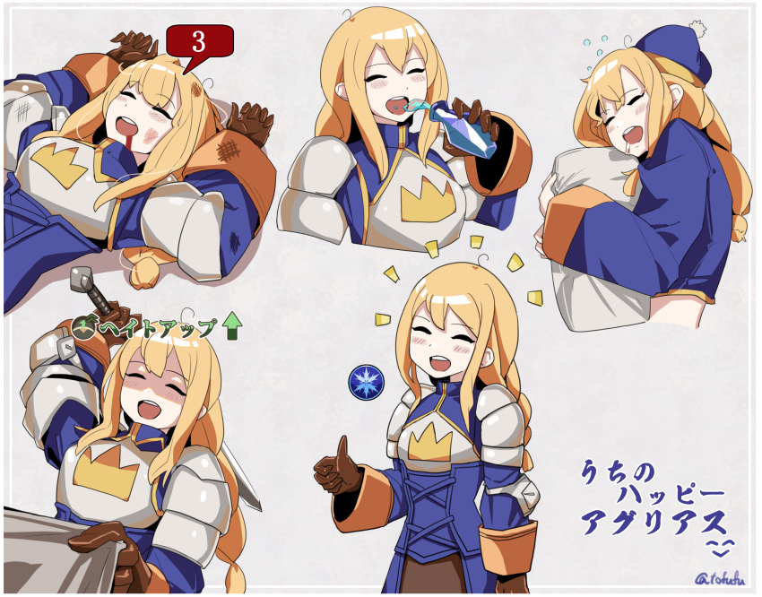 1girl agrias_oaks armor armored_dress blonde_hair blood blood_from_mouth braid braided_ponytail brown_gloves bruise drooling final_fantasy final_fantasy_brave_exvius final_fantasy_tactics fuwafuwatoufu gameplay_mechanics gloves highres injury open_mouth pillow pillow_hug sidelocks single_braid sleeping smile solo sword thumbs_up translation_request weapon