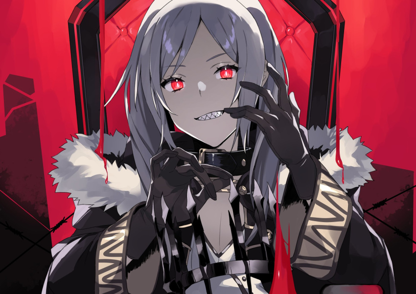 bangs black_gloves chair choker eyebrows_visible_through_hair fire_emblem fire_emblem_awakening fire_emblem_heroes fur fur_collar fur_trim gloves grima_(fire_emblem) highres kamu_(kamuuei) red_background red_eyes robin_(fire_emblem) robin_(fire_emblem)_(female) shaded_face sharp_teeth teeth upper_body white_hair