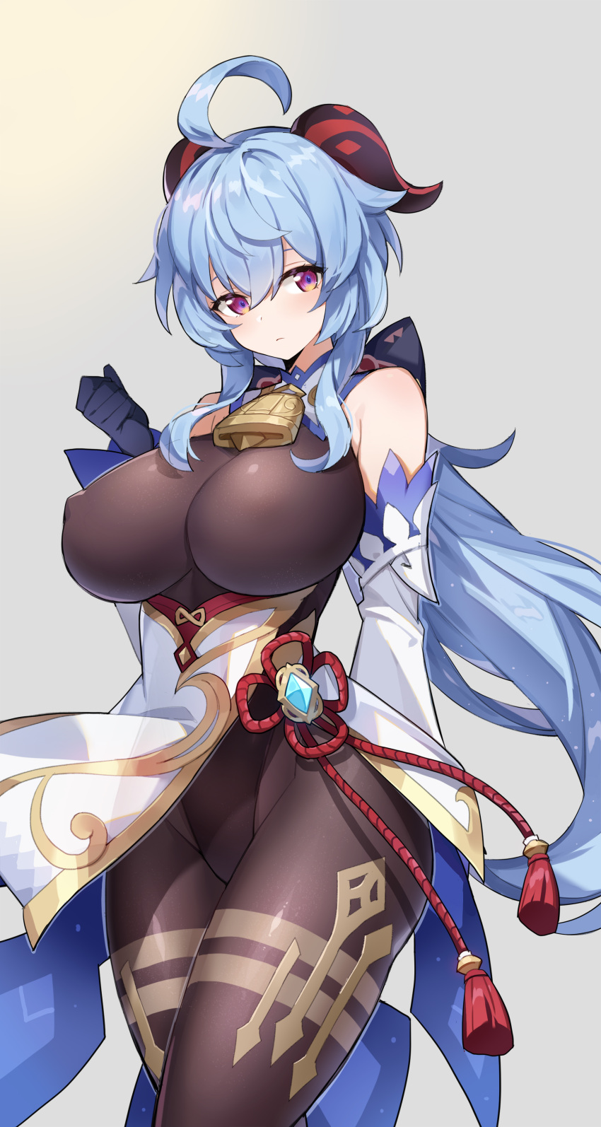1girl absurdres ahoge bare_shoulders bell black_bodysuit blue_hair bodysuit bow breasts covered_nipples cowbell cowboy_shot detached_sleeves ganyu_(genshin_impact) genshin_impact hand_up highres horns large_breasts looking_at_viewer open_mouth puffy_nipples serin199 solo violet_eyes