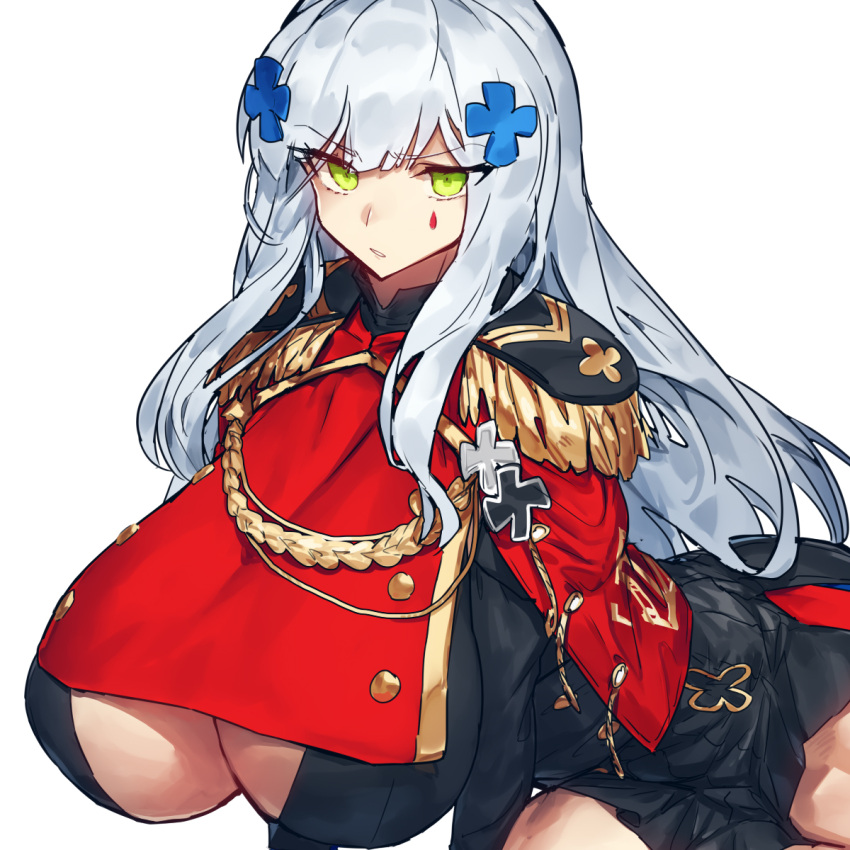 1girl aiguillette alternate_breast_size bangs breasts capelet closed_mouth cross_hair_ornament epaulettes eyebrows_visible_through_hair facial_mark girls_frontline green_eyes grey_hair hair_ornament highres hk416_(girls_frontline) huge_breasts long_hair long_sleeves looking_at_viewer melon22 military military_uniform red_capelet shiny shiny_hair simple_background solo teardrop uniform white_background