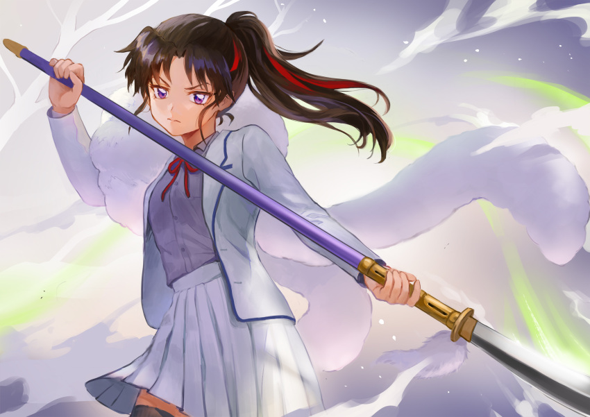 1girl alternate_costume artist_request bangs black_hair closed_mouth han'you_no_yashahime highres long_hair looking_at_viewer multicolored_hair polearm ponytail ribbon school_uniform setsuna_(inuyasha) simple_background skirt solo spear streaked_hair weapon