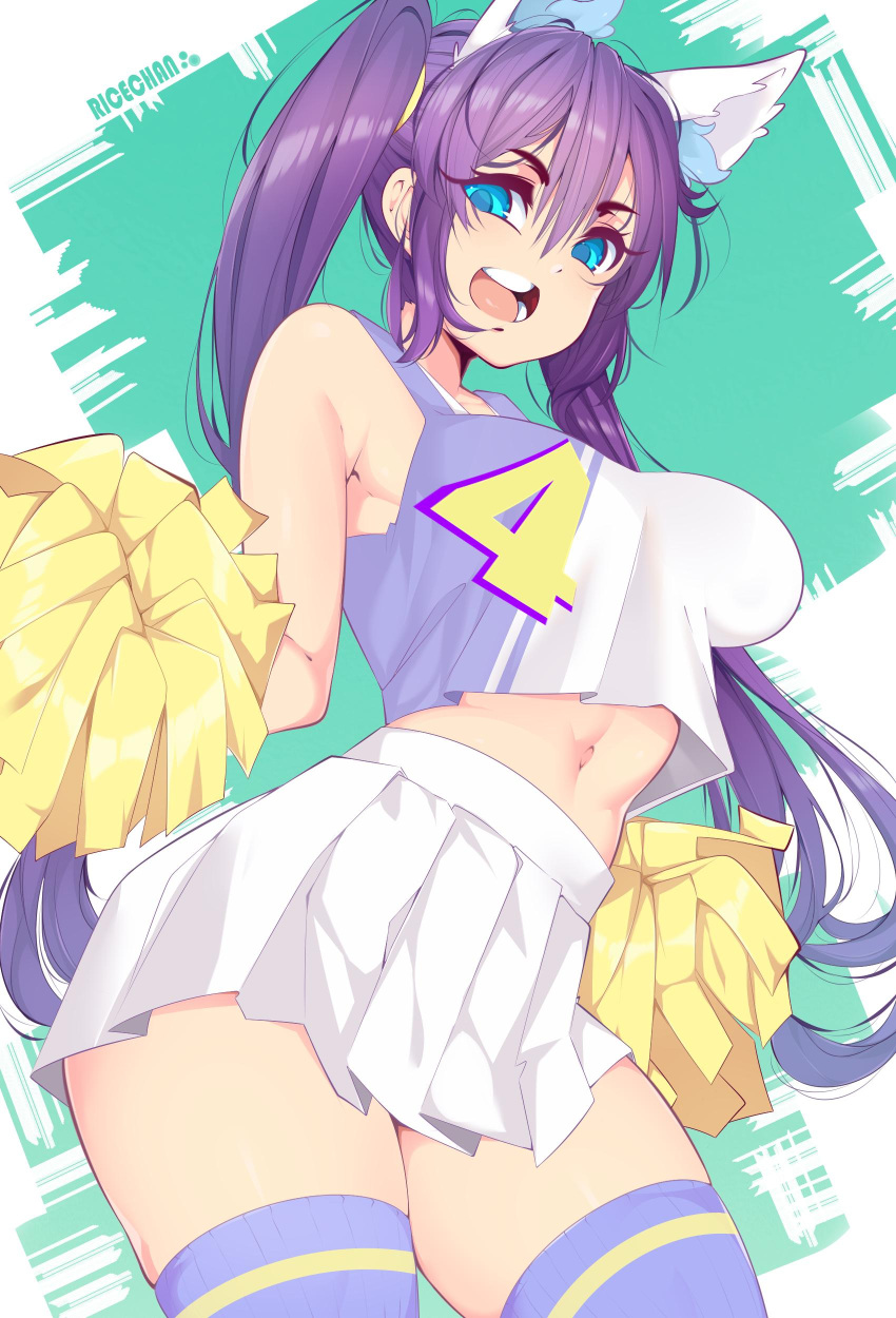 1girl absurdres animal_ear_fluff animal_ears armpit_peek artist_name bangs blue_eyes breasts cheerleader clothes_writing contrapposto crop_top from_below highres holding holding_pom_poms medium_breasts multicolored multicolored_clothes navel open_mouth original pleated_skirt pom_poms purple_hair purple_legwear ribbed_legwear rice-chan shirt_overhang skirt sleeveless smile solo stomach striped striped_legwear tank_top thigh-highs tisumi_(surefour) toned twintails white_skirt zettai_ryouiki