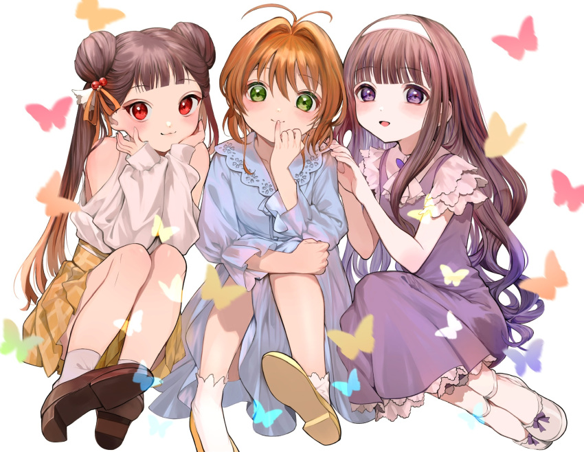 3girls :3 :d antenna_hair bangs bare_shoulders black_hair blue_dress blunt_bangs blush brown_footwear bug butterfly cardcaptor_sakura closed_mouth clothing_cutout commentary daidouji_tomoyo double_bun dress english_commentary eyebrows_visible_through_hair finger_to_mouth green_eyes hair_between_eyes hair_bobbles hair_ornament hair_ribbon hairband hana_(h6n6_matsu) hand_up hands_on_another's_shoulder hands_on_own_cheeks hands_on_own_face hands_up happy highres insect kinomoto_sakura li_meiling light_brown_hair loafers long_hair long_sleeves looking_at_viewer multiple_girls open_mouth orange_ribbon orange_skirt pinky_out plaid plaid_skirt purple_dress red_eyes ribbon shirt shirt_tucked_in shoes short_hair shoulder_cutout side-by-side sitting skirt smile socks very_long_hair violet_eyes white_footwear white_hairband white_legwear white_shirt yellow_footwear