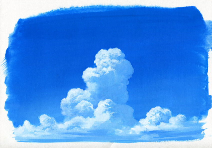 blue_sky blue_theme border cloud_focus clouds cumulonimbus_cloud day highres monochrome no_humans original outdoors sawitou_mizuki scan scenery sky symbol_commentary traditional_media white_border