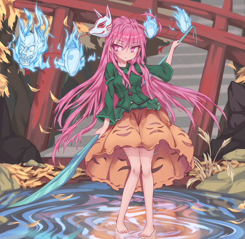 1girl absurdres bangs barefoot blush breasts commentary eyebrows_visible_through_hair eyes_visible_through_hair fox_mask full_body green_shirt hair_between_eyes hata_no_kokoro highres holding huge_filesize lcc long_hair long_sleeves looking_to_the_side mask medium_breasts noh_mask oni_mask open_mouth orange_skirt pink_eyes pink_hair puddle rock shirt skirt solo stairs standing standing_on_liquid torii touhou very_long_hair water
