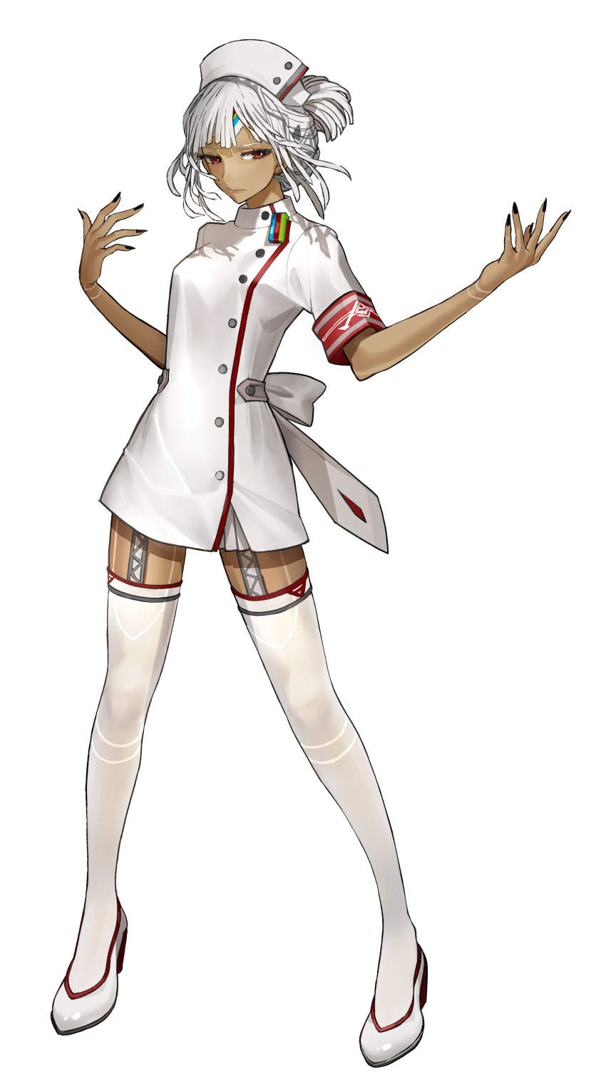 1girl absurdres altera_(fate) alternate_hairstyle back_bow black_nails bow closed_mouth dark_skin dress fate/extella fate/extella_link fate/extra fate_(series) fingernails full_body hat high_heels highres legs_apart looking_at_viewer nurse nurse_cap official_alternate_costume official_art red_eyes short_hair simple_background solo standing tachi-e thigh-highs thigh_strap wada_arco white_background white_bow white_dress white_footwear white_hair white_headwear white_legwear white_theme zettai_ryouiki