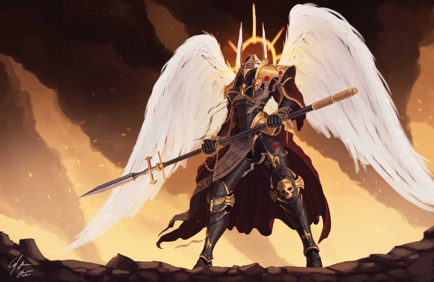 1girl adepta_sororitas angel_wings armor boobplate chain cj-backman english_commentary explosion fleur_de_lis full_armor full_body greaves halo helmet highres holding holding_spear holding_weapon imperium_of_man pauldrons pelvic_curtain polearm power_armor purity_seal shoulder_armor sister_of_battle skull solo spear standing warhammer_40k weapon white_wings wings