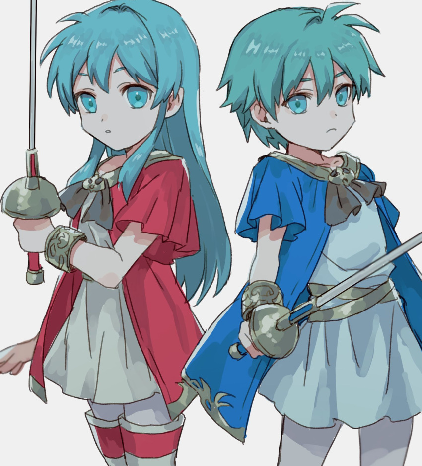 1boy 1girl aqua_eyes aqua_hair bangs boots bracelet eirika_(fire_emblem) ephraim_(fire_emblem) fire_emblem fire_emblem:_the_sacred_stones fire_emblem_heroes hair_between_eyes highres holding holding_sword holding_weapon jewelry kometubu0712 looking_at_viewer official_alternate_costume rapier siblings sidelocks sword thigh-highs thigh_boots twins weapon white_background younger