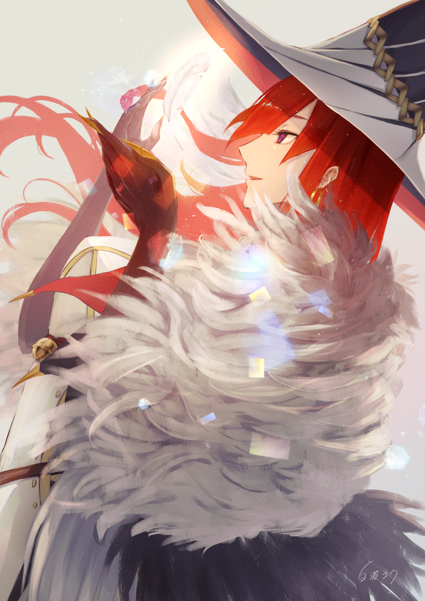 1girl absurdres backlighting bangs breasts claws dress earrings fate/grand_order fate_(series) feather_boa feathers hat highres huge_filesize jewelry long_hair long_sleeves medium_breasts miss_crane_(fate) parted_lips profile puffy_sleeves redhead shiki7ash violet_eyes white_dress white_headwear witch_hat
