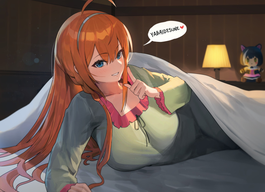 1girl ahoge animal_ears bed bed_sheet bedroom blue_eyes blush blush_stickers breasts cat_ears character_doll english_text green_eyes half-closed_eyes highres hood_(james_x) index_finger_raised indoors karyl_(princess_connect!) lamp large_breasts long_sleeves looking_at_viewer naughty_face night on_bed orange_hair pajamas pecorine_(princess_connect!) pillow princess_connect! smile solo speech_bubble stuffed_toy text_focus