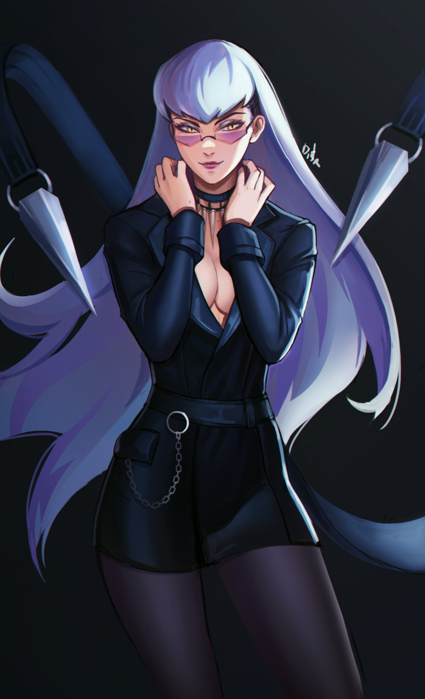 1girl absurdres bangs chain demon_girl distr evelynn_(league_of_legends) formal glasses highres jewelry league_of_legends long_hair looking_at_viewer makeup necklace silver_hair suit the_baddest_evelynn thigh-highs very_long_hair yellow_eyes