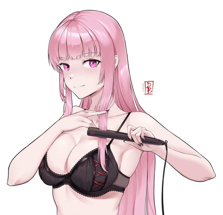 absurdres bangs black_nails bra breast_press breasts damodar eyebrows_visible_through_hair hair_straightener highres holding holding_hair hololive hololive_english long_hair looking_at_viewer mori_calliope pink_eyes pink_hair simple_background underwear virtual_youtuber white_background