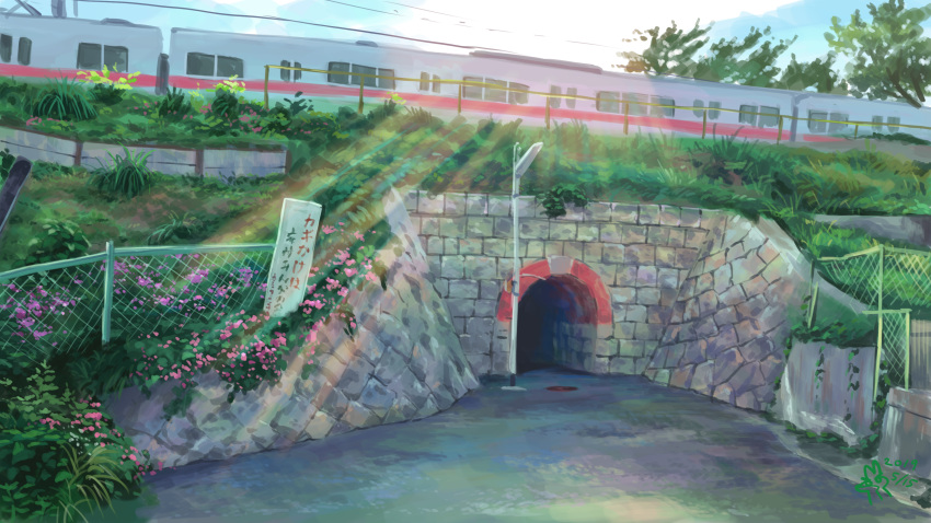 absurdres day fence flower grass ground_vehicle highres lamppost no_humans original outdoors scenery sunlight toufu_(inu_no_mayuge) train tunnel