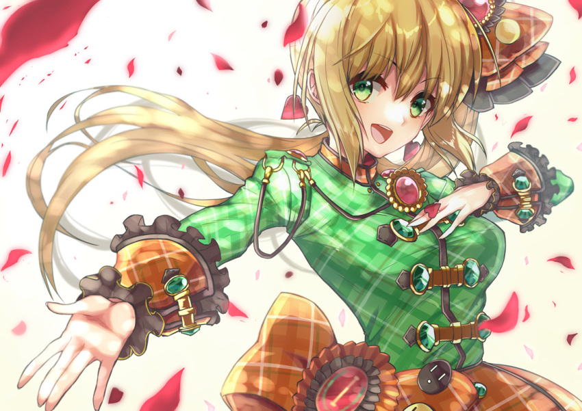 1girl ahoge bangs blonde_hair blush braid breasts brooch fate/extra fate/grand_order fate_(series) french_braid green_eyes green_shirt hair_between_eyes hair_bun hair_intakes hair_ornament jewelry large_breasts long_hair long_sleeves looking_at_viewer lostroom_outfit_(fate) nero_claudius_(fate) nero_claudius_(fate)_(all) open_mouth orange_skirt outstretched_arm petals ralf shirt side_ponytail skirt smile