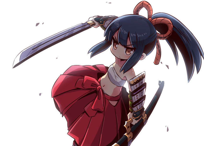 bangs black_hair brown_eyes bushidou_(sekaiju) drawing_sword hair_tie hakama_skirt highres holding holding_sword holding_weapon katana long_hair naga_u ponytail sekaiju_no_meikyuu simple_background sword weapon white_background