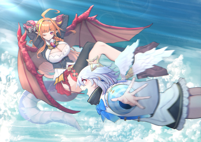 2girls above_clouds ahoge amane_kanata arms_behind_head black_legwear blonde_hair blue_bow blue_sky bow bowtie breasts brooch cleavage_cutout clothing_cutout commentary_request crossed_legs day dragon_girl dragon_tail dragon_wings eyebrows_visible_through_hair flying halo highres hololive horn_bow horns huge_ahoge jewelry kiryu_coco large_breasts long_hair mikan_(chipstar182) multicolored_hair multiple_girls one_eye_closed orange_hair outstretched_arms pointy_ears red_eyes short_hair silver_hair single_thighhigh sky streaked_hair tail thigh-highs virtual_youtuber white_wings wings