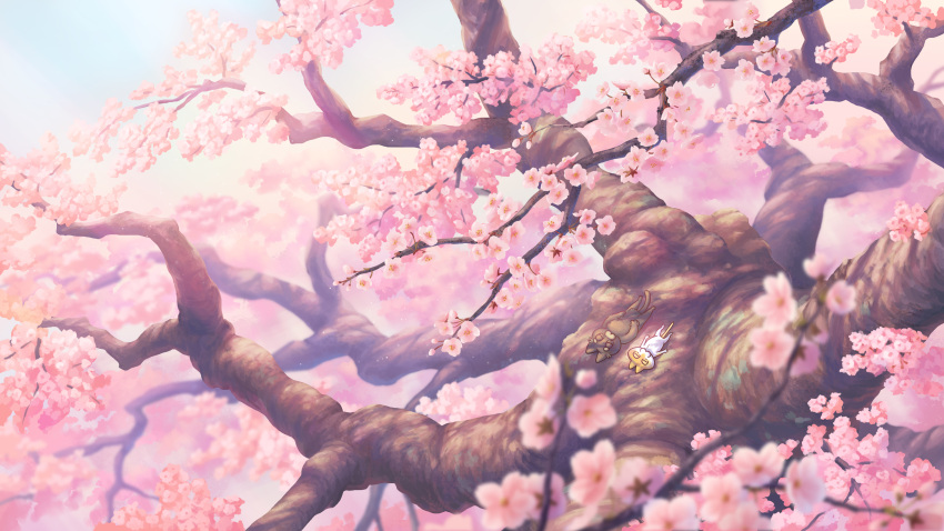 absurdres cat cherry_blossoms day highres in_tree lying on_back original outdoors scenery toufu_(inu_no_mayuge) tree