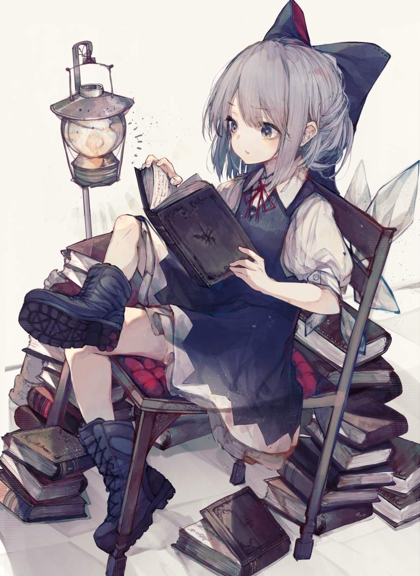 1girl absurdres ankle_boots blue_dress blue_eyes blue_footwear blue_hair book book_stack boots bow chair cirno combat_boots cross-laced_footwear dress grey_footwear hair_bow highres hito_komoru holding holding_book huge_filesize ice ice_wings lace-up_boots lantern puffy_short_sleeves puffy_sleeves reading shoe_soles short_hair short_sleeves solo touhou wings
