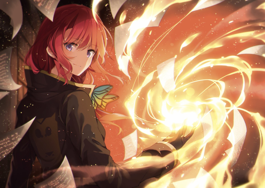 1girl bangs black_coat black_gloves blurry butterfly_hair_ornament closed_mouth coat depth_of_field eve_ignite eyebrows_visible_through_hair fire flying_paper gloves hair_ornament highres long_hair long_sleeves looking_at_viewer looking_to_the_side magic mishima_kurone novel_illustration official_art paper redhead rokudenashi_majutsu_koushi_to_akashic_record sidelocks solo textless upper_body violet_eyes