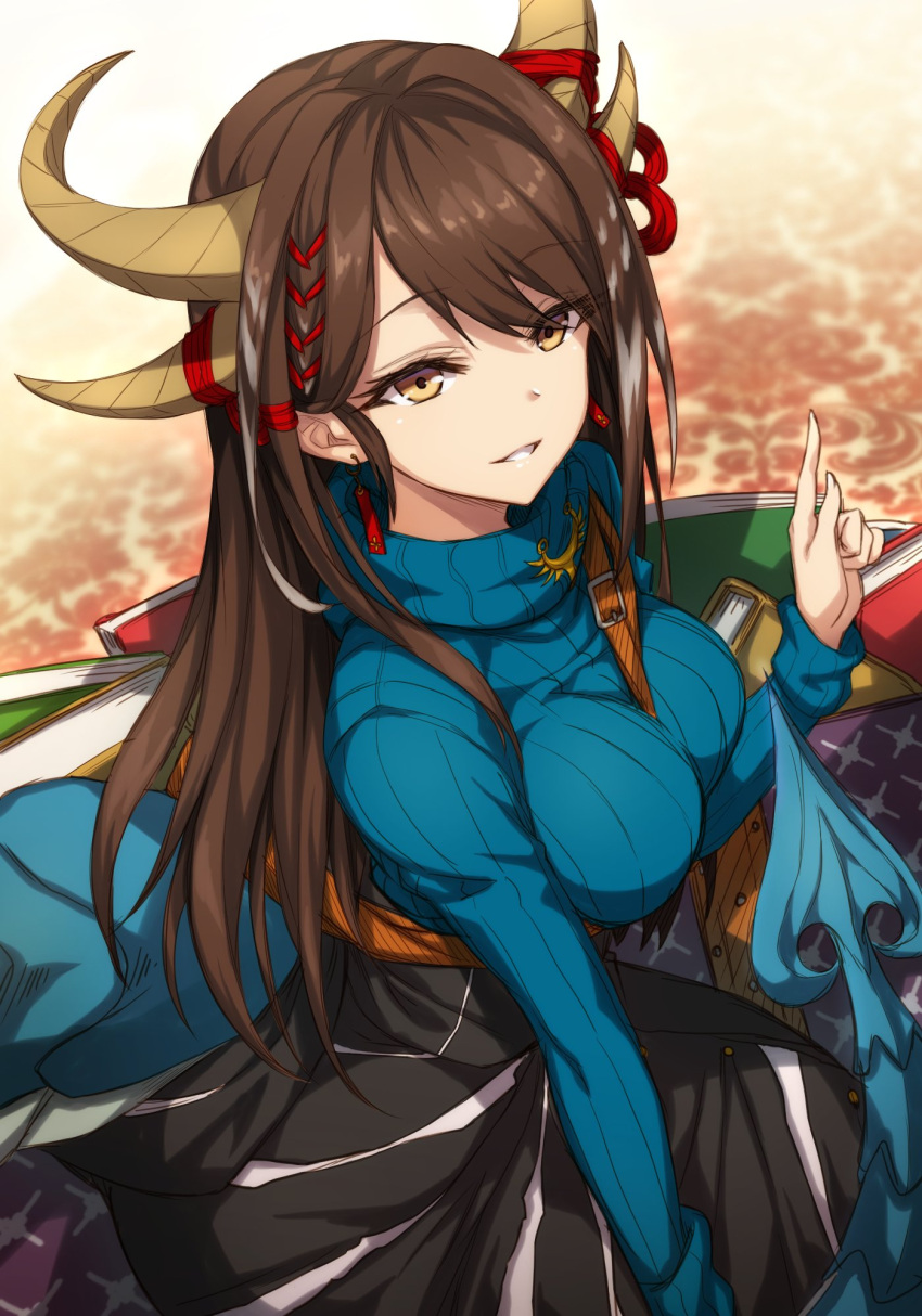 1girl bangs blue_sweater blurry book breasts brooch brown_hair depth_of_field earrings hand_up highres horns index_finger_raised jewelry long_hair long_sleeves looking_at_viewer medium_breasts parted_lips skirt sleeves_past_wrists solo sweater tail tauyuki_saema teeth turtleneck turtleneck_sweater virtual_youtuber virtuareal waku_(virtuareal) yellow_eyes