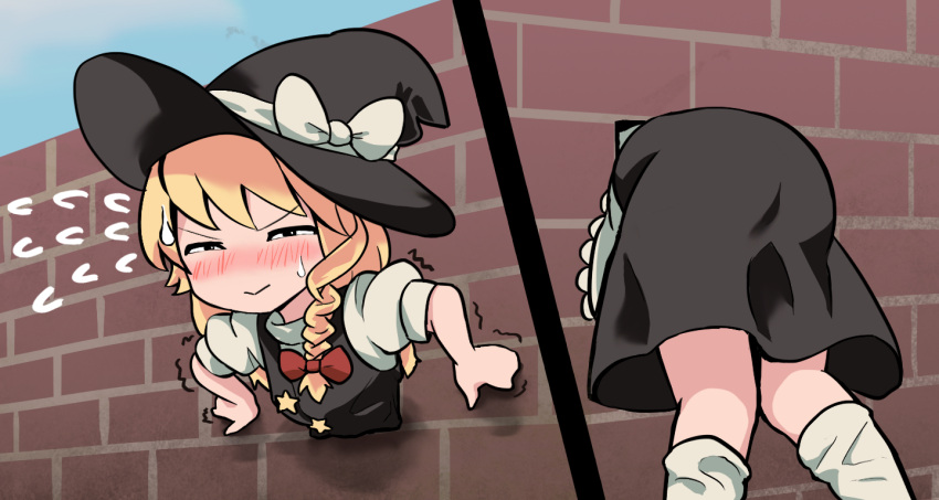 1girl ass bangs black_eyes black_headwear black_skirt black_vest blonde_hair blush bow braid brick_wall commentary_request cookie_(touhou) eyebrows_visible_through_hair flying_sweatdrops hair_bow hat hat_bow johnsmith kirisame_marisa long_hair looking_at_viewer multiple_views open_mouth puffy_short_sleeves puffy_sleeves red_bow short_sleeves side_braid single_braid skirt socks star_(symbol) stuck suzu_(cookie) sweatdrop through_wall touhou trembling upper_body upper_teeth v-shaped_eyebrows vest wall white_bow white_legwear witch_hat