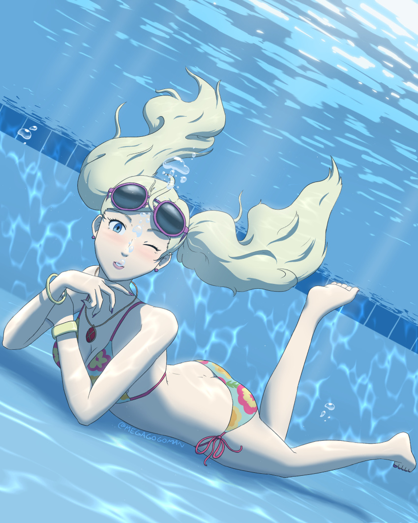 1girl air_bubble artist_name ass atlus barefoot bikini blonde_hair blue_bikini blue_eyes blush bracelet bubble cute floral_print lips long_hair looking_at_viewer lying megagogoman megami_tensei necklace one_eye_closed persona persona_5 pixiv_username pool shin_megami_tensei solo sunglasses sunglasses_on_head swimsuit takamaki_anne twintails twitter_username underwater wink