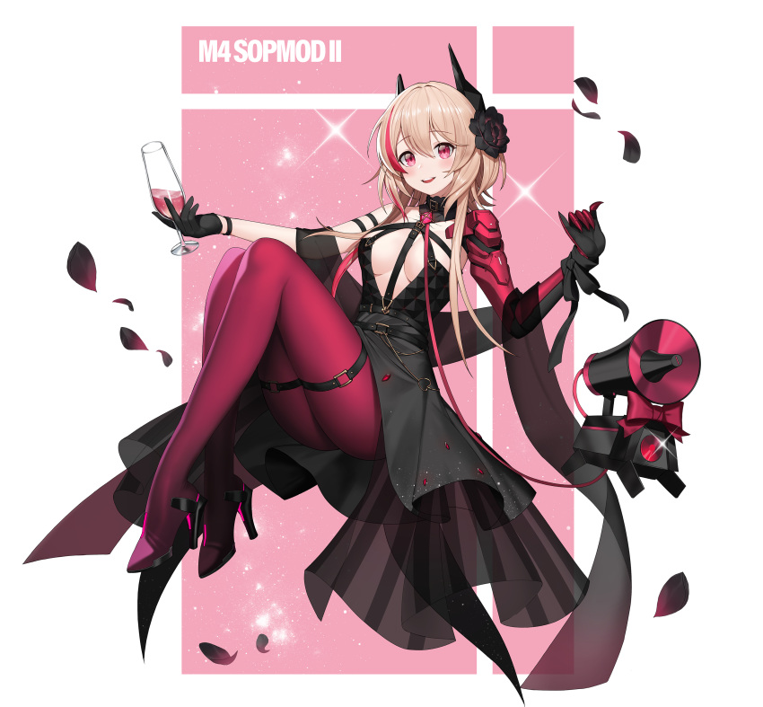 1girl absurdres banana_(girls_frontline) bangs black_dress black_gloves blush breasts cup dress drinking_glass eyebrows_visible_through_hair flower full_body girls_frontline gloves hair_flower hair_ornament headgear high_heels highres holding holding_cup light_brown_hair looking_at_viewer m4_sopmod_ii_(girls_frontline) mechanical_arms medium_breasts morung multicolored_hair official_alternate_costume pantyhose red_eyes red_legwear redhead single_glove single_mechanical_arm smile solo streaked_hair upper_teeth