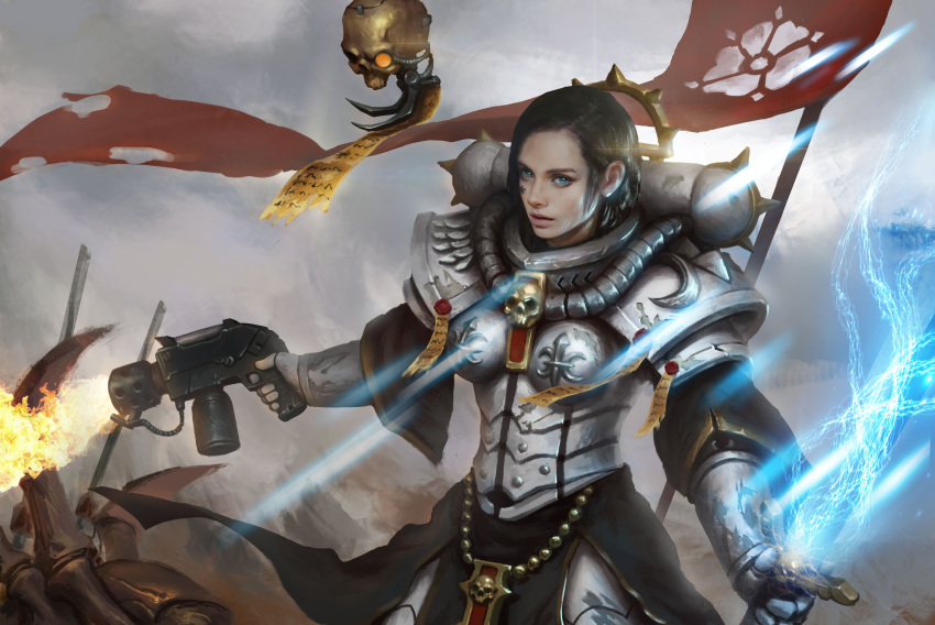 1girl absurdres alternate_hair_color armor banner battle black_hair blue_eyes boobplate dual_wielding electricity english_commentary facial_tattoo finger_on_trigger firing flamer flamethrower fleur_de_lis forehead highres holding imperium_of_man lips nose pauldrons pelvic_curtain power_armor power_sword purity_seal realistic servitor shoulder_armor sister_of_battle skull solo_focus tattoo tyranid warhammer_40k weapon yangzheyy