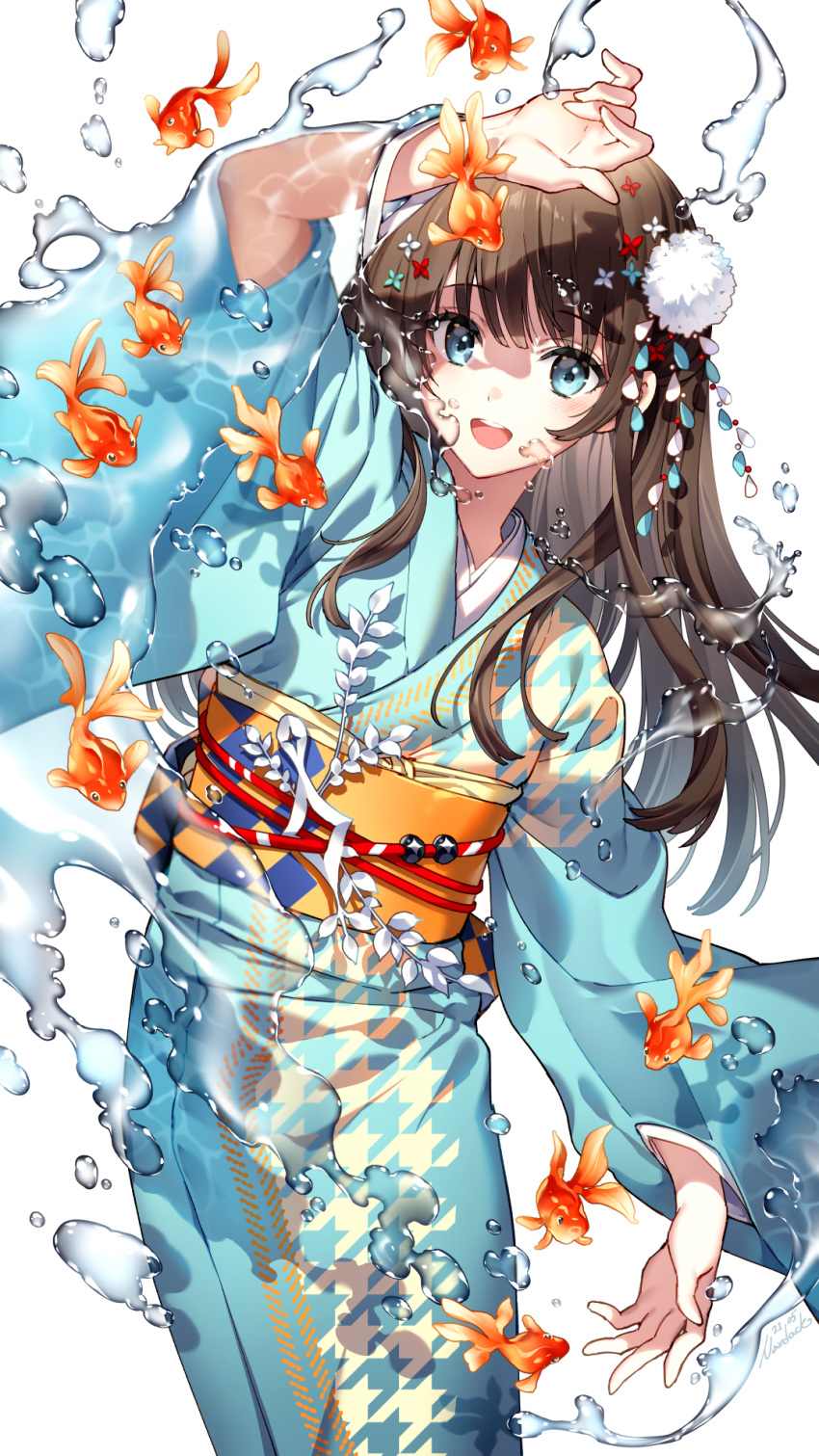 1girl :d animal arm_up bangs blue_eyes blue_kimono blush brown_hair commentary_request cowboy_shot eyebrows_visible_through_hair fish flower hair_flower hair_ornament highres japanese_clothes kimono long_hair long_sleeves looking_at_viewer nardack obi open_mouth orange_sash original sash smile solo standing water white_background