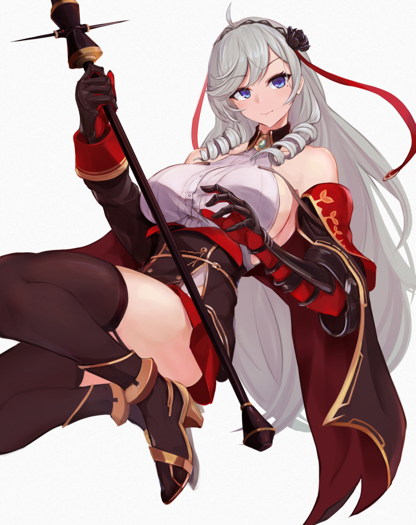 1girl ahoge algerie_(azur_lane) azur_lane bangs black_footwear black_gloves black_legwear blue_eyes breasts collarbone commentary_request detached_collar detached_sleeves eyebrows_visible_through_hair eyes_visible_through_hair gauntlets gloves hair_ribbon hairband high_heels highres holding holding_scepter large_breasts long_hair looking_at_viewer marshall_k mole mole_under_eye pleated_skirt red_skirt ribbon scepter sideboob sidelocks silver_hair simple_background skirt smile solo turtleneck white_background